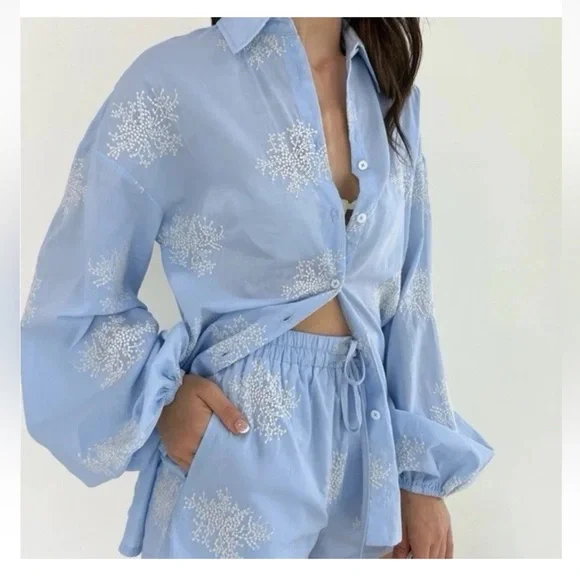 Commense M Semi-Sheer Plant Embroidery Casual Shorts Set Blue cc4 - Picture 2 of 8